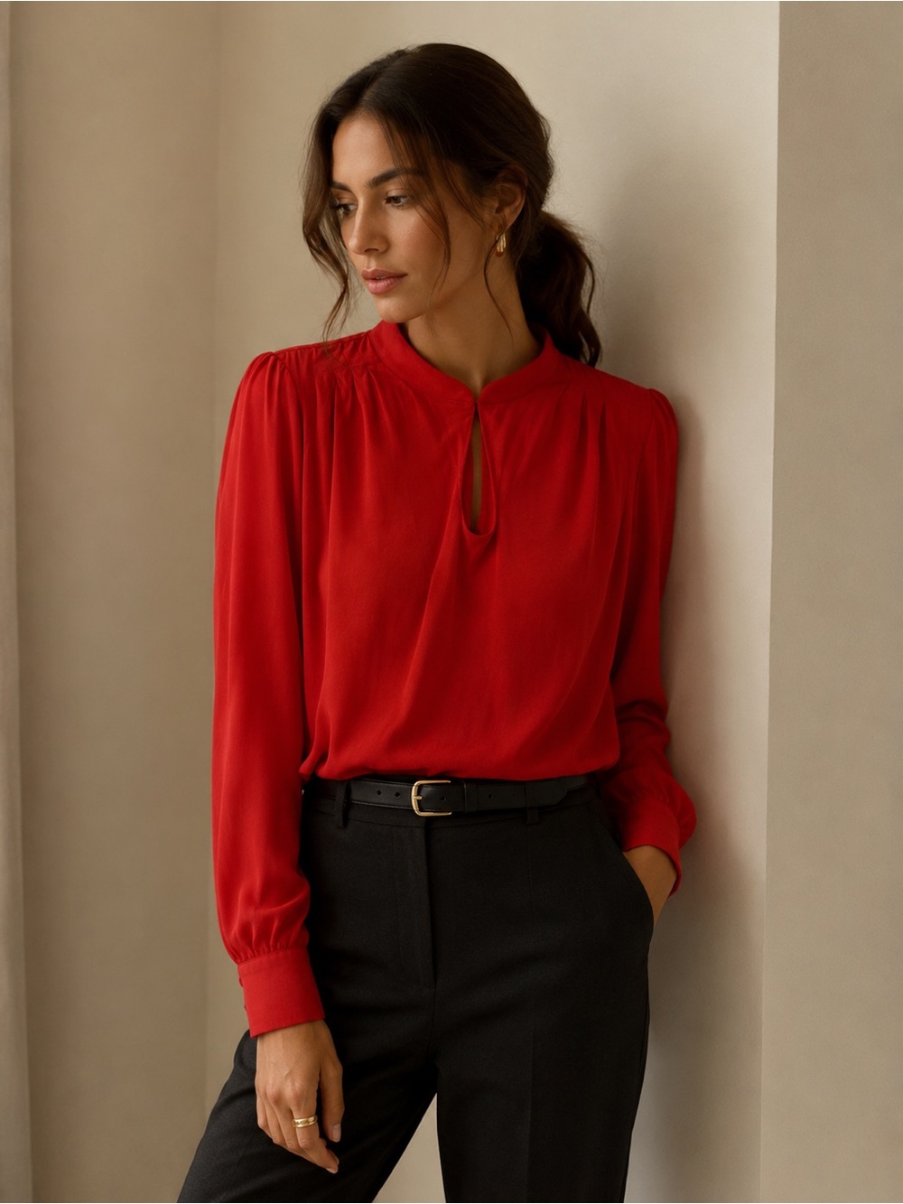 Banana Republic Red Satin Keyhole Long Sleeve Blouse Size Small